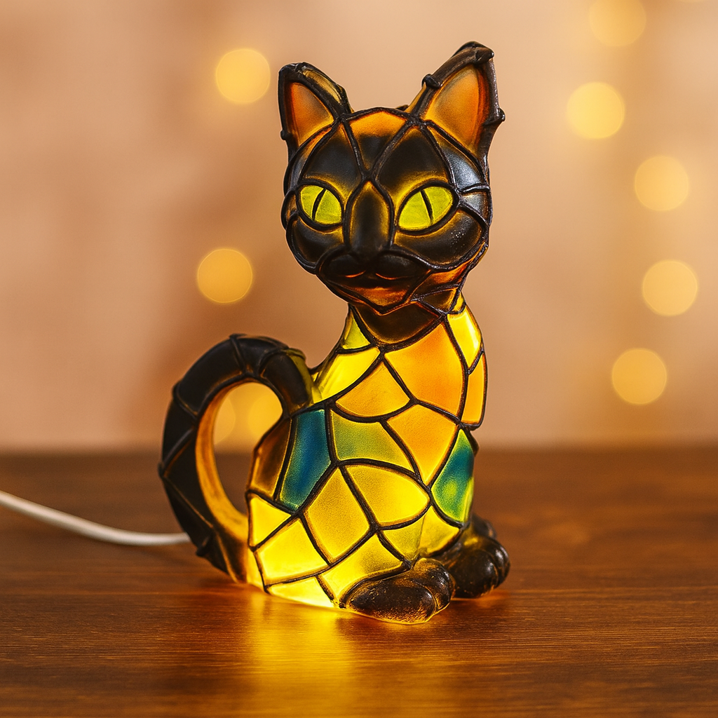 Stained Resin Cat Lamp – Artistic Tiffany-Style Figurine Light with Warm Glow