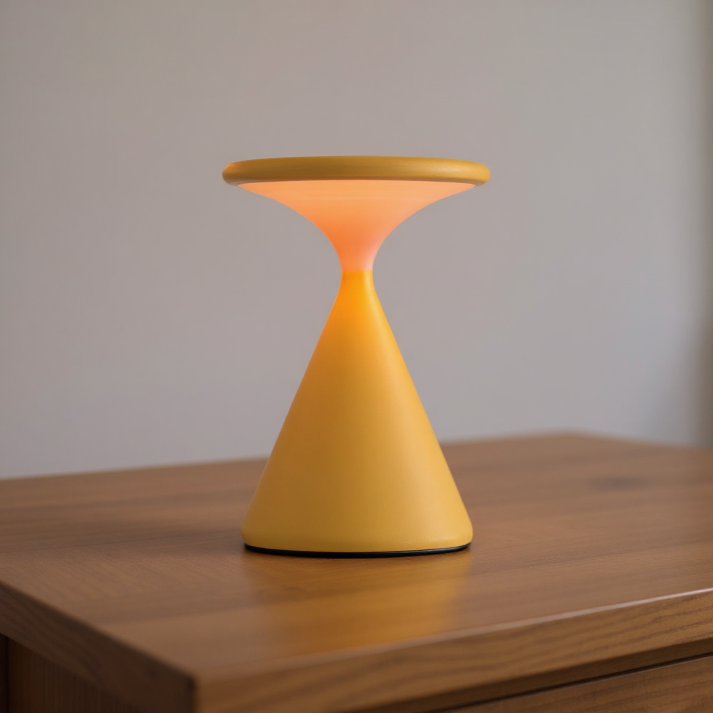 Yellow hourglass-shaped lamp on a wooden surface with a neutral background
