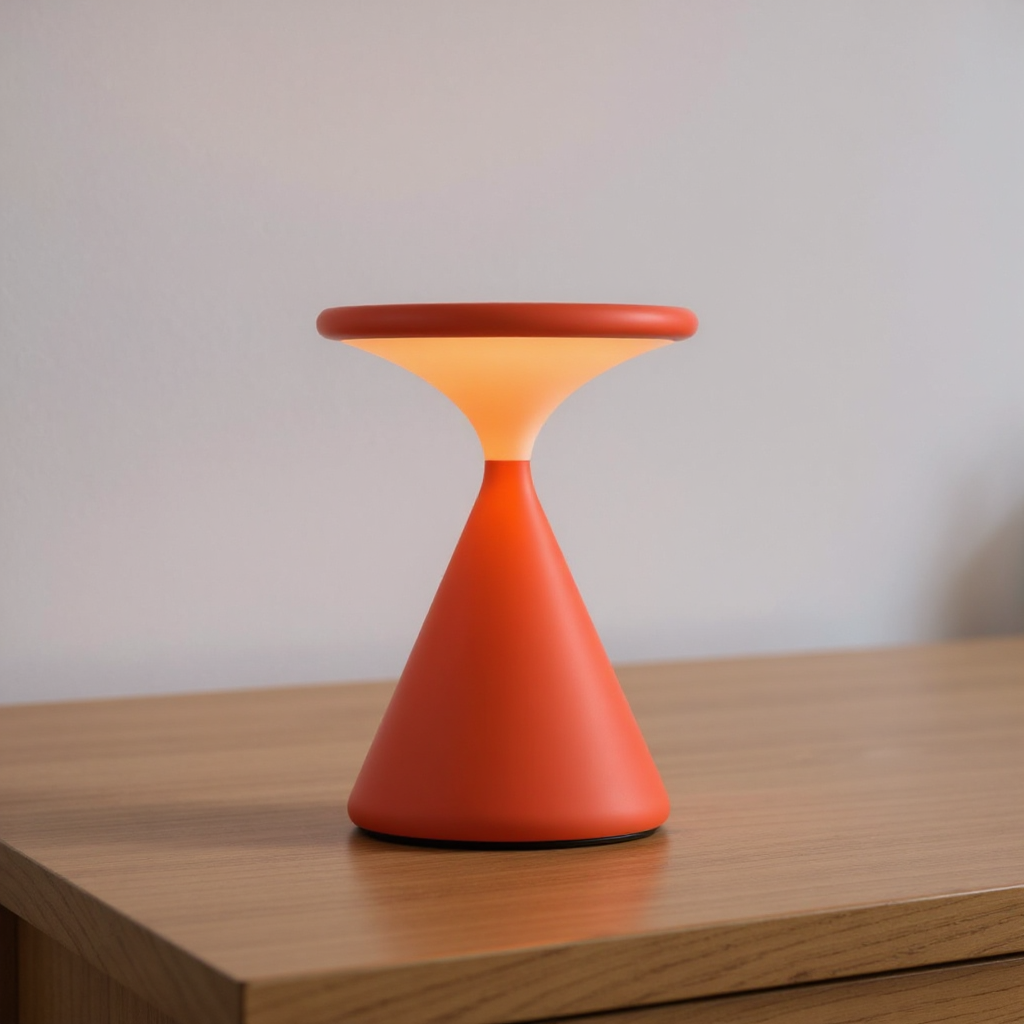 Orange and red geometric lamp on a wooden surface with a plain background