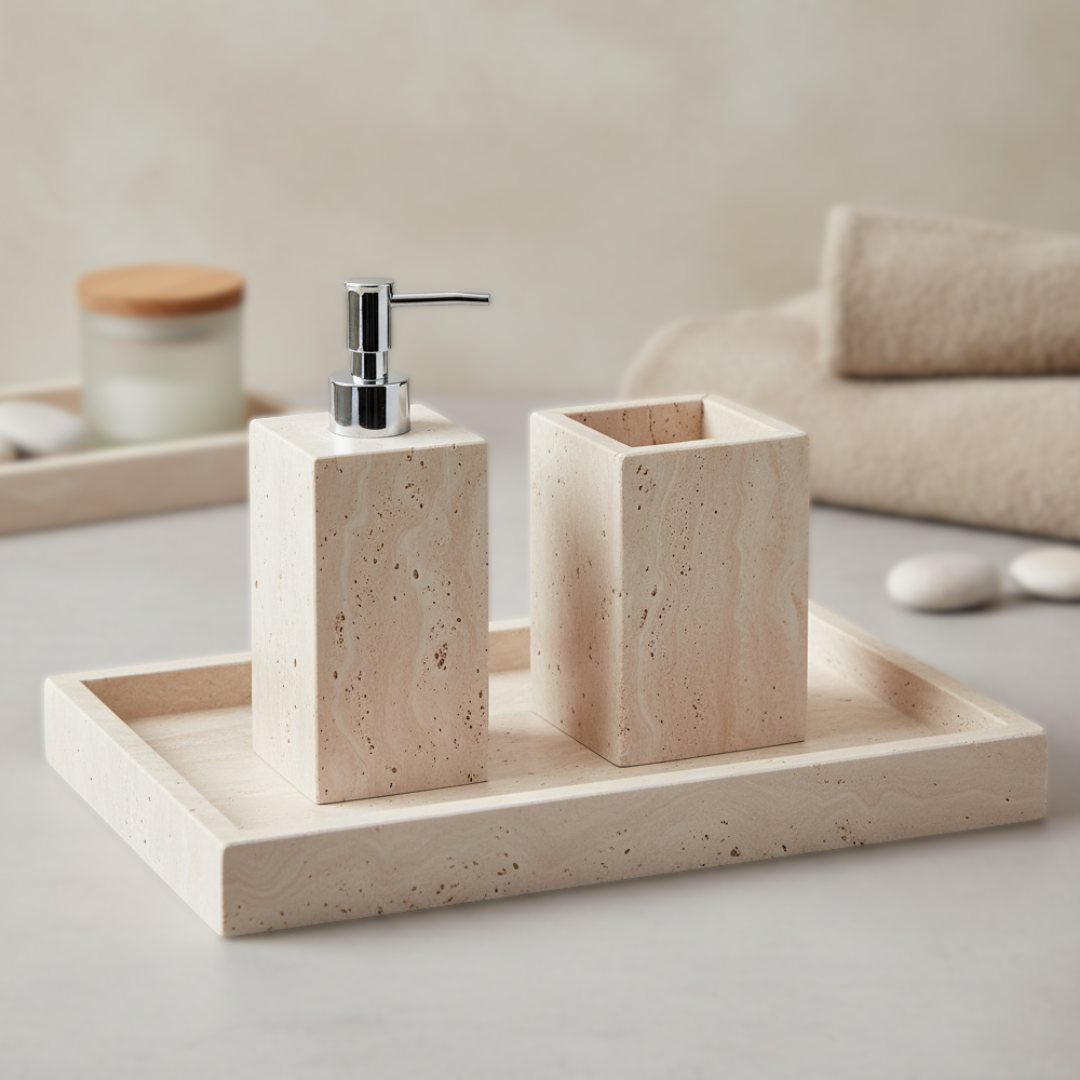 Travertine Marble Bathroom Accessories Set - Elegant Soap Dispenser, Toothbrush Holder & Tray in Beige Natural Stone 0