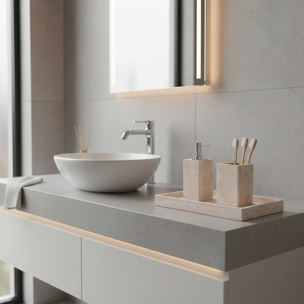 Travertine Marble Bathroom Accessories Set - Elegant Soap Dispenser, Toothbrush Holder & Tray in Beige Natural Stone 3