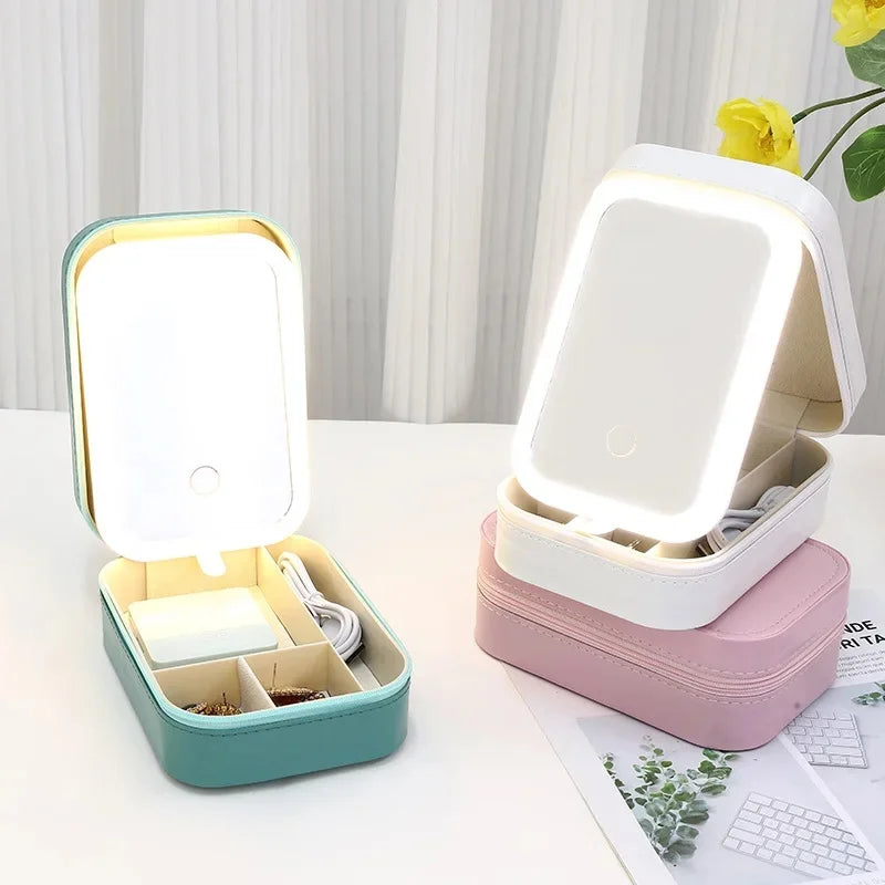 Tri-Color Adjustable Makeup Mirror with LED Lights – Compact PU Leather Case for Travel and Daily Use 4