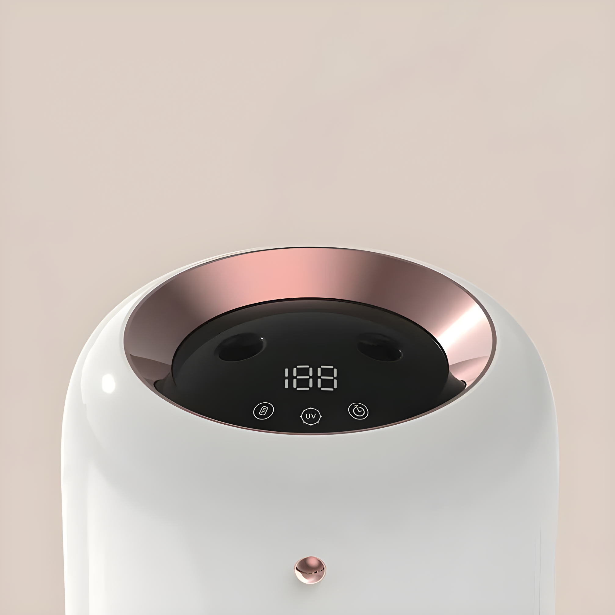 White and rose gold electronic device with digital display on a beige background