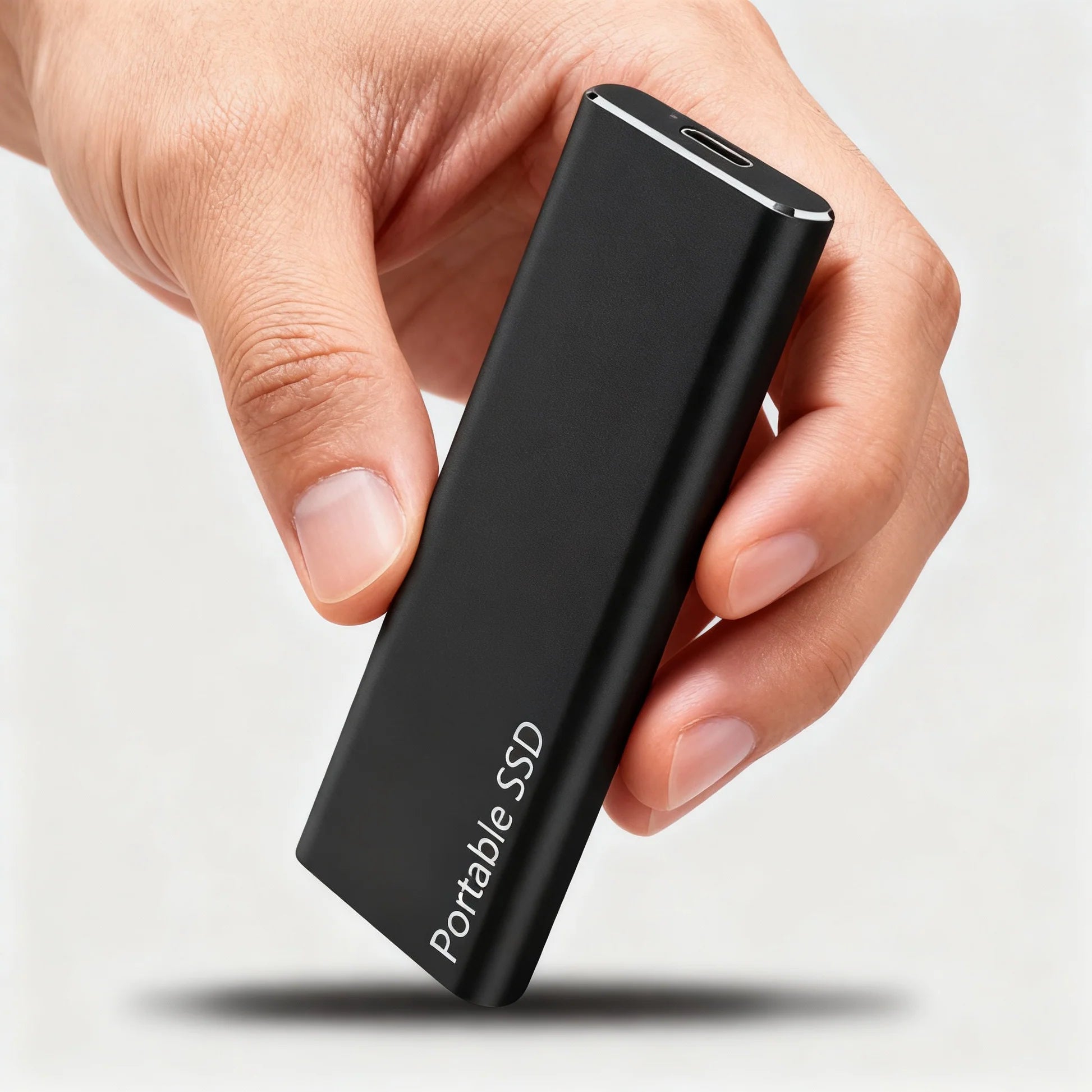 Hand holding a black portable SSD device on a light gray background