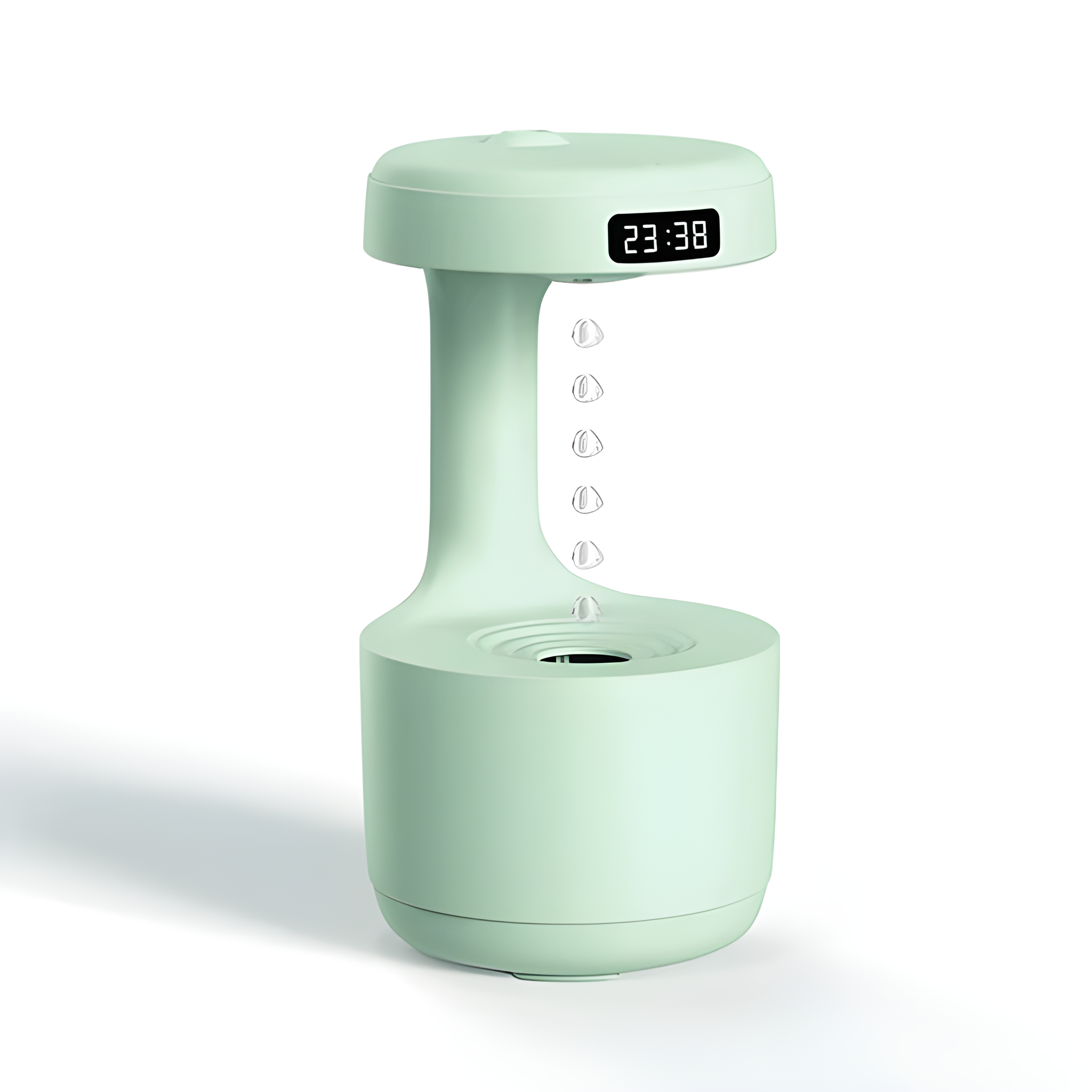 Mint green electronic device with digital display on a white background