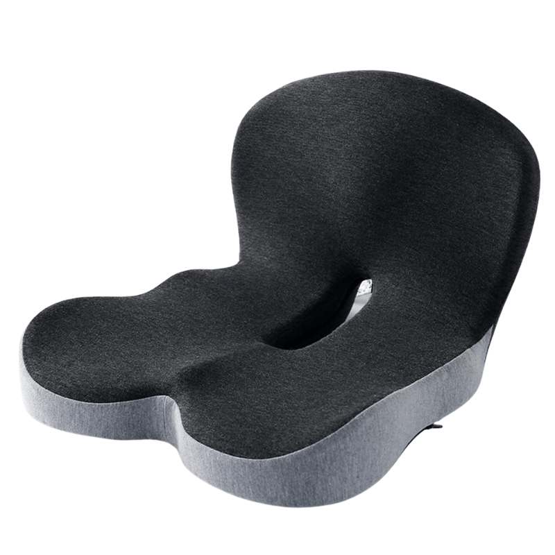 Black ergonomic seat cushion on a white background