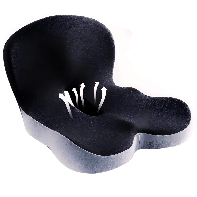 Black and gray ergonomic seat cushion on a white background