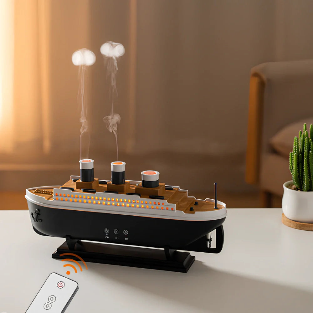 Decorative ship humidifier on a table with a remote control