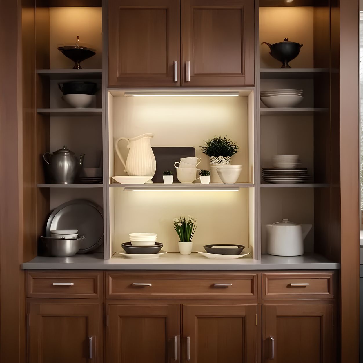 Wooden kitchen cabinets with shelves displaying various dishes and decor items.