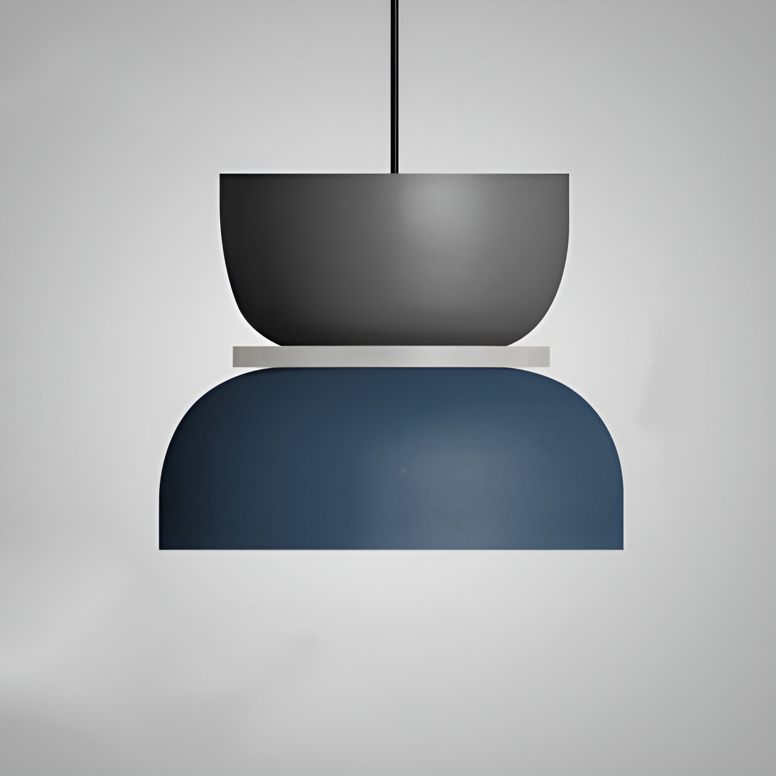 Modern pendant light with two different shades of gray on a plain background