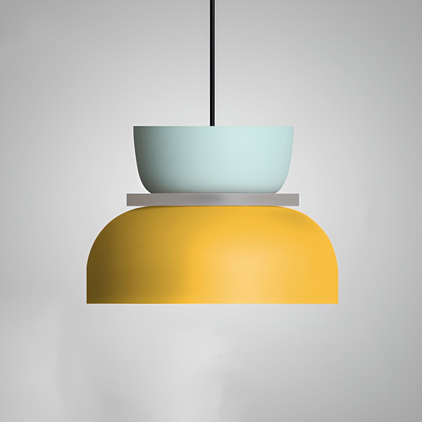 Two-layered pendant light with a light blue upper shade and yellow lower shade on a gray background