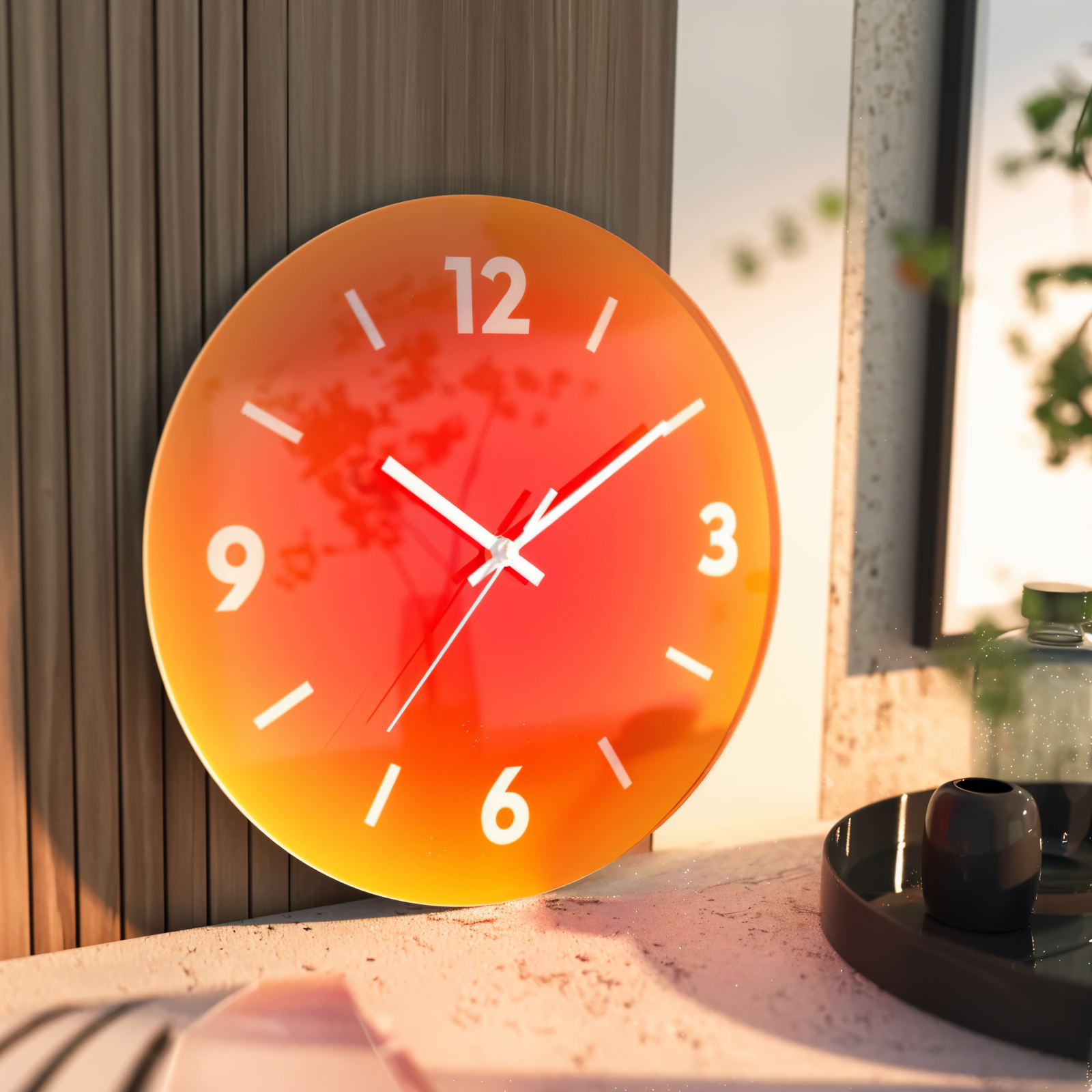 Colorful wall clock on a surface with a blurred background