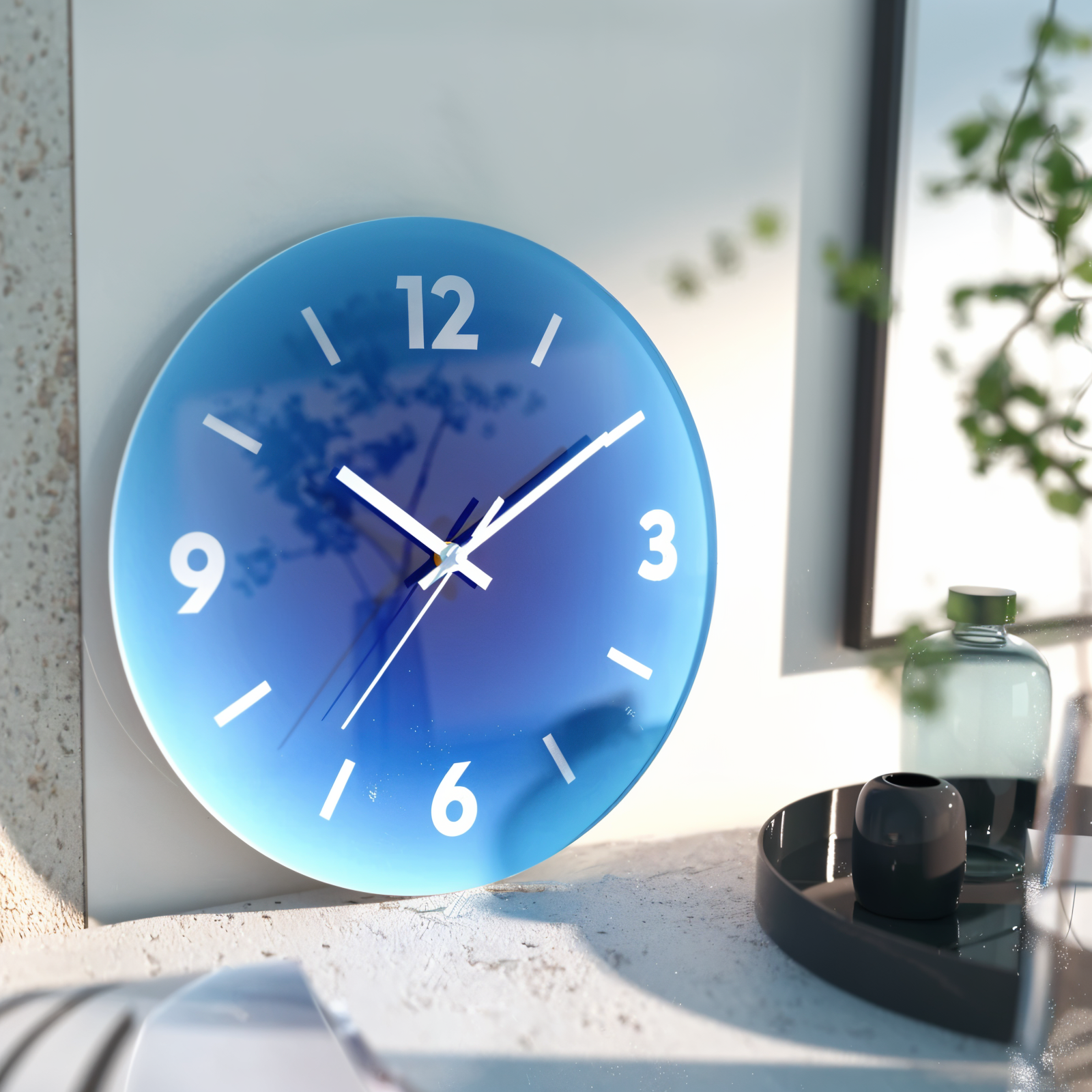 Blue gradient wall clock on a surface with a blurred background