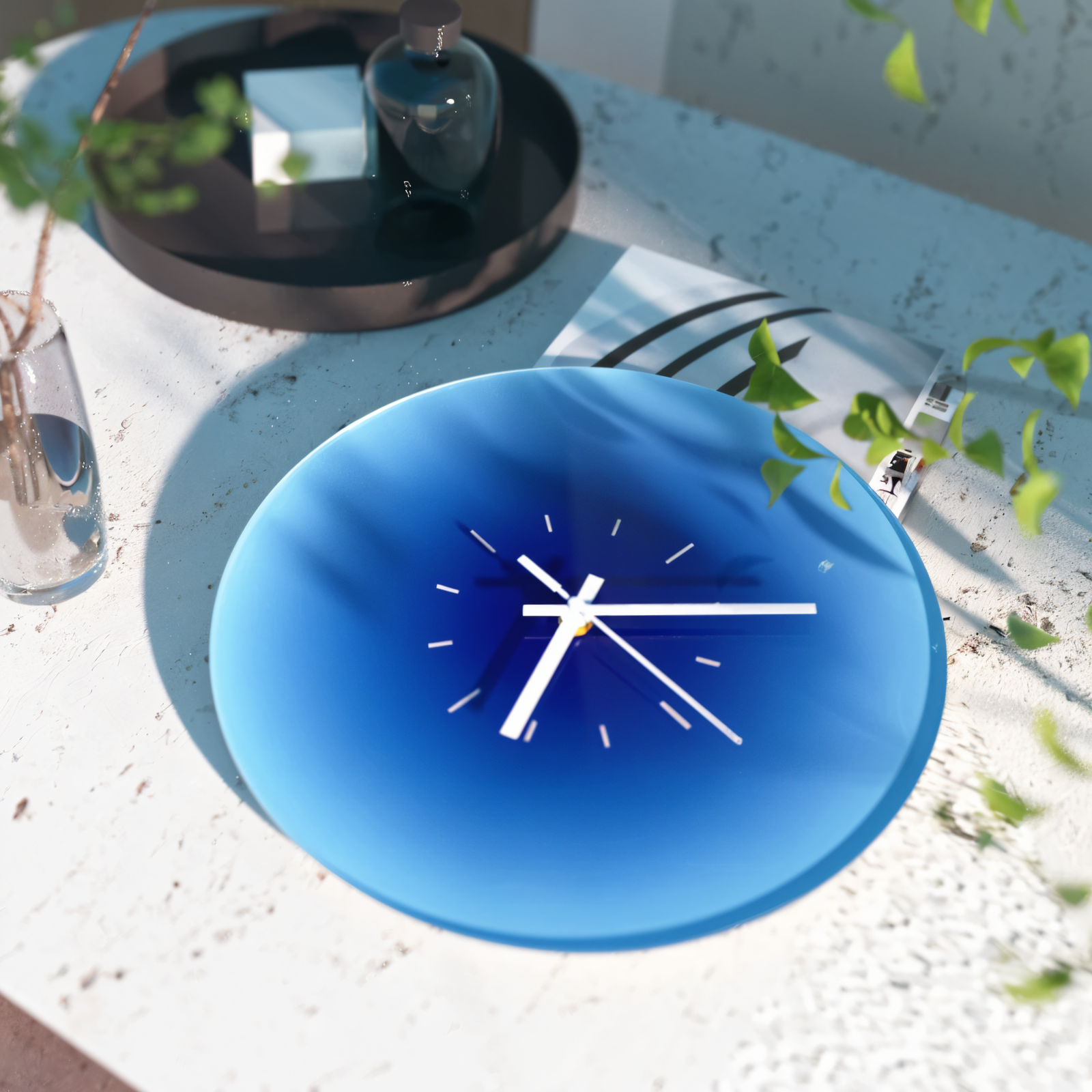 Blue wall clock on a textured surface with decorative elements