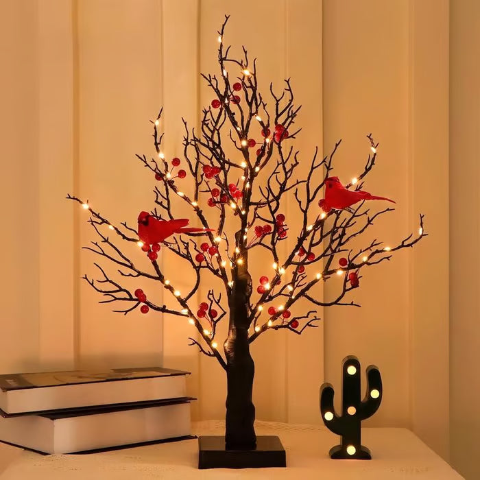 Vintage Light Tree Christmas Decor with Warm White Glow – Battery Operated, 50cm Tall, Charming Design with Red Berries and Birds 0