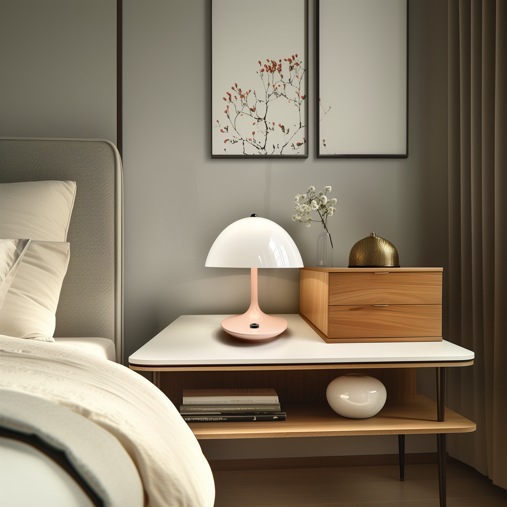 Modern bedroom with a nightstand, lamp, and decorative items.