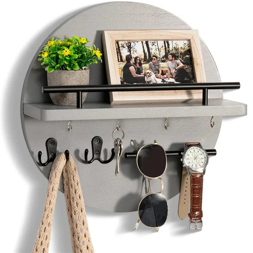 Wall-Mounted Wooden Key Holder with Shelf and Hooks – Round Design for Entryway Organization 3