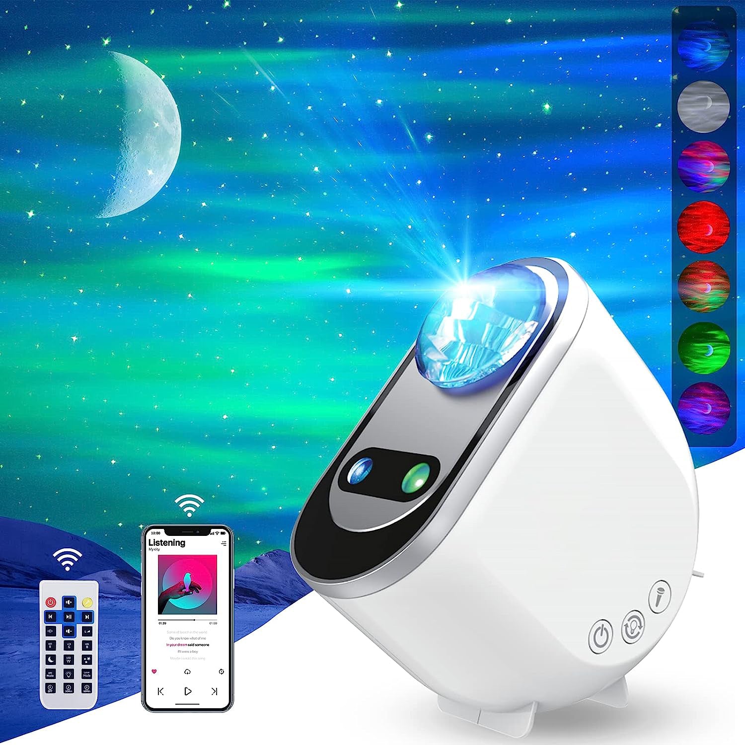 White light projector with remote control and smartphone app on a starry night sky background