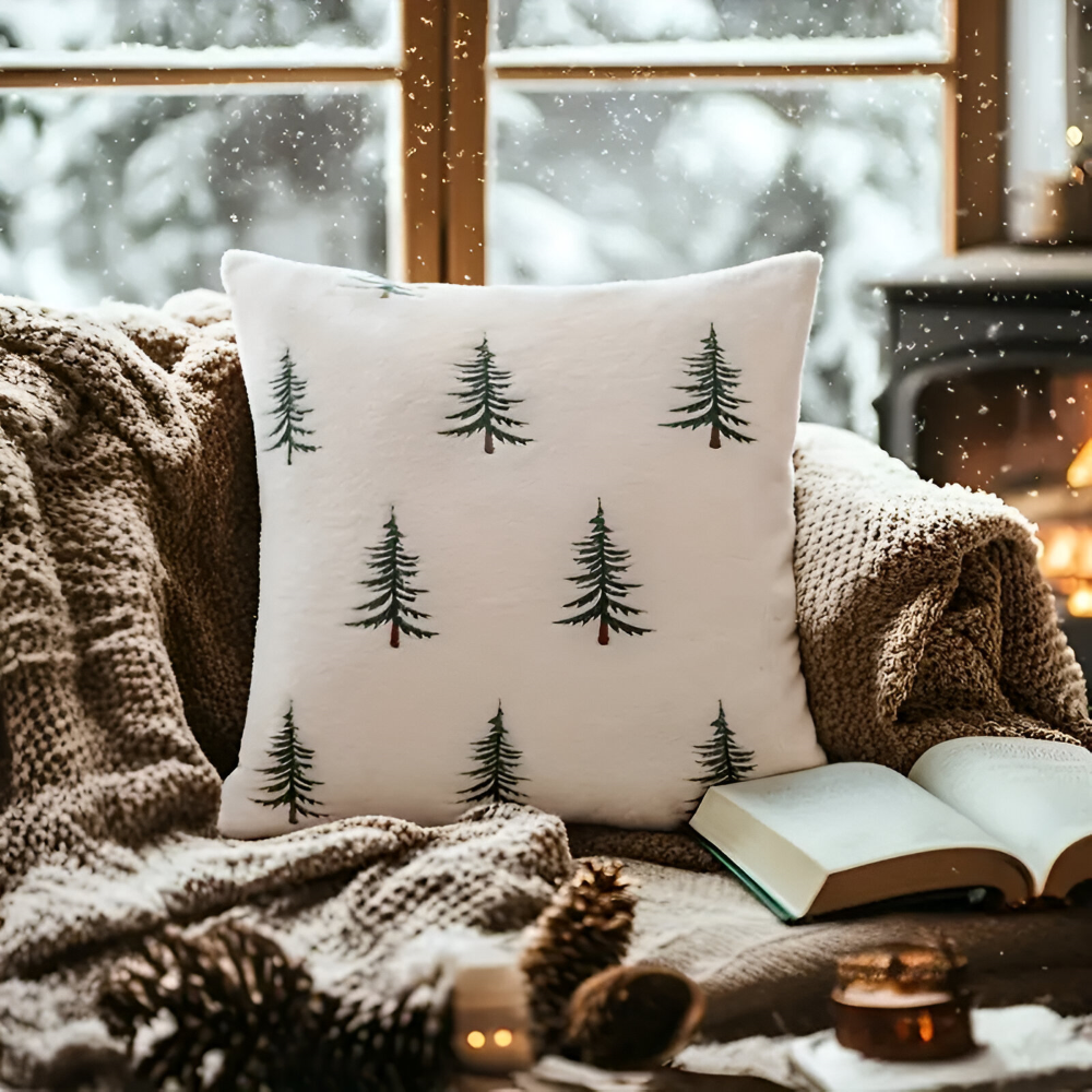 Cozy indoor scene with a pillow featuring tree patterns, an open book, and candles by a window with snow outside.