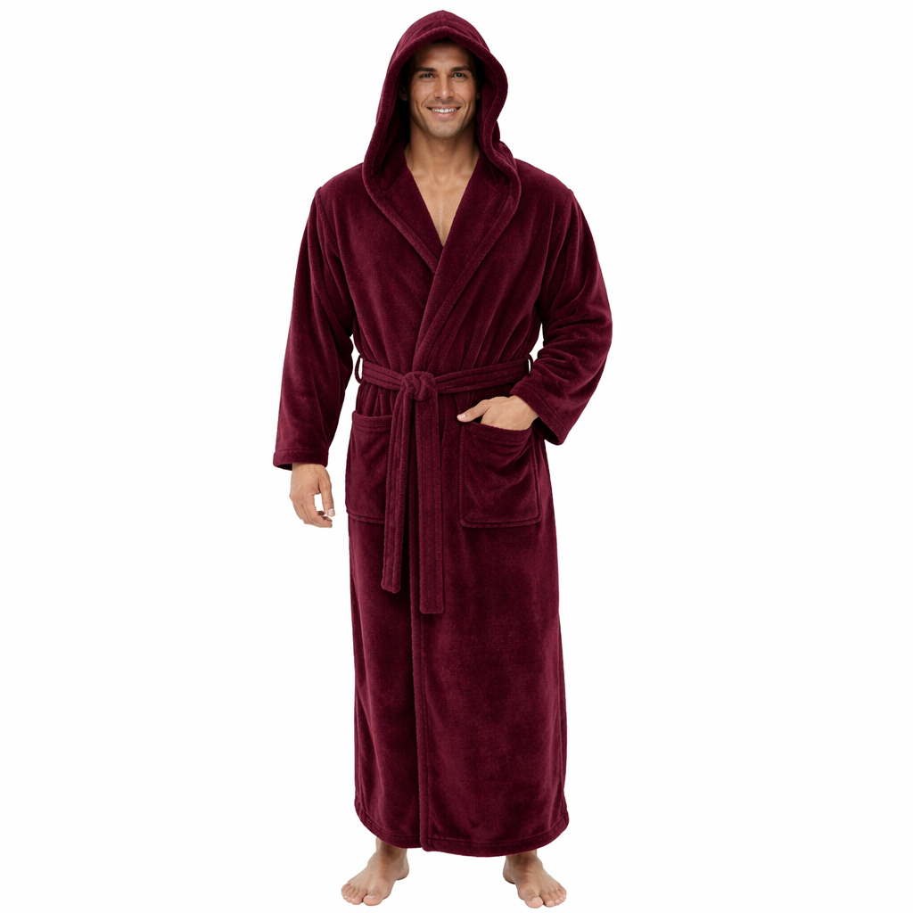Man wearing a burgundy robe on a white background