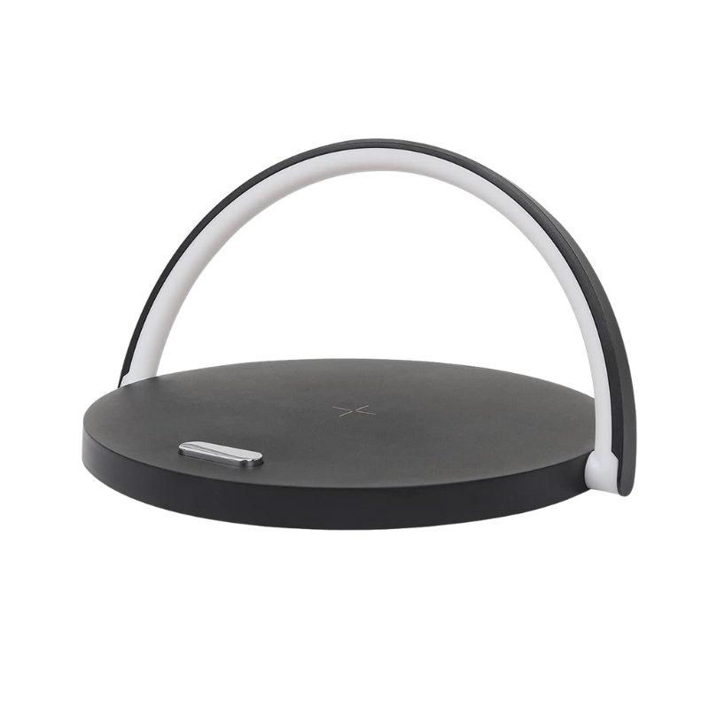Black wireless charging pad with white handle on a white background