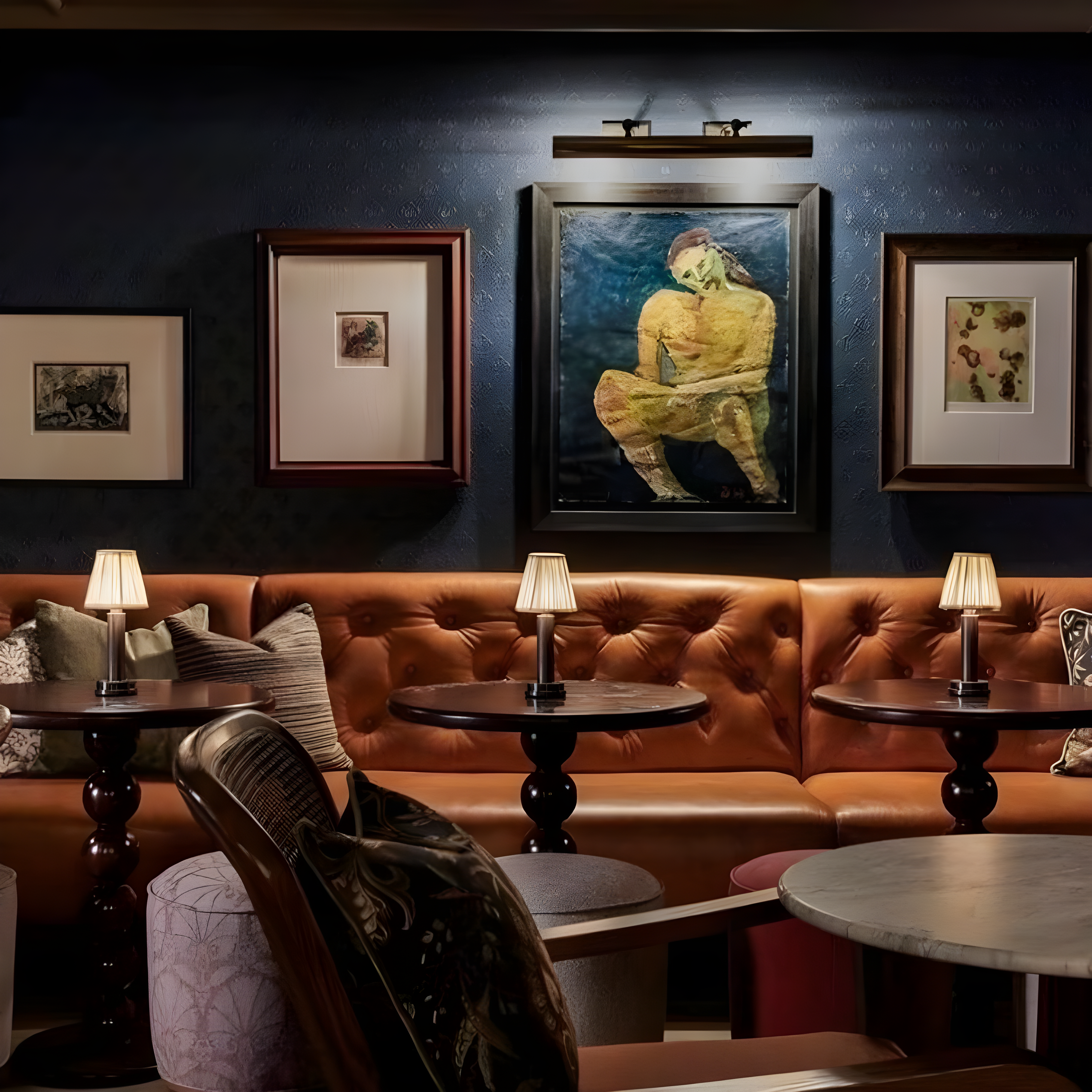 Cozy lounge with brown leather booths, framed artwork on the wall, and small tables.