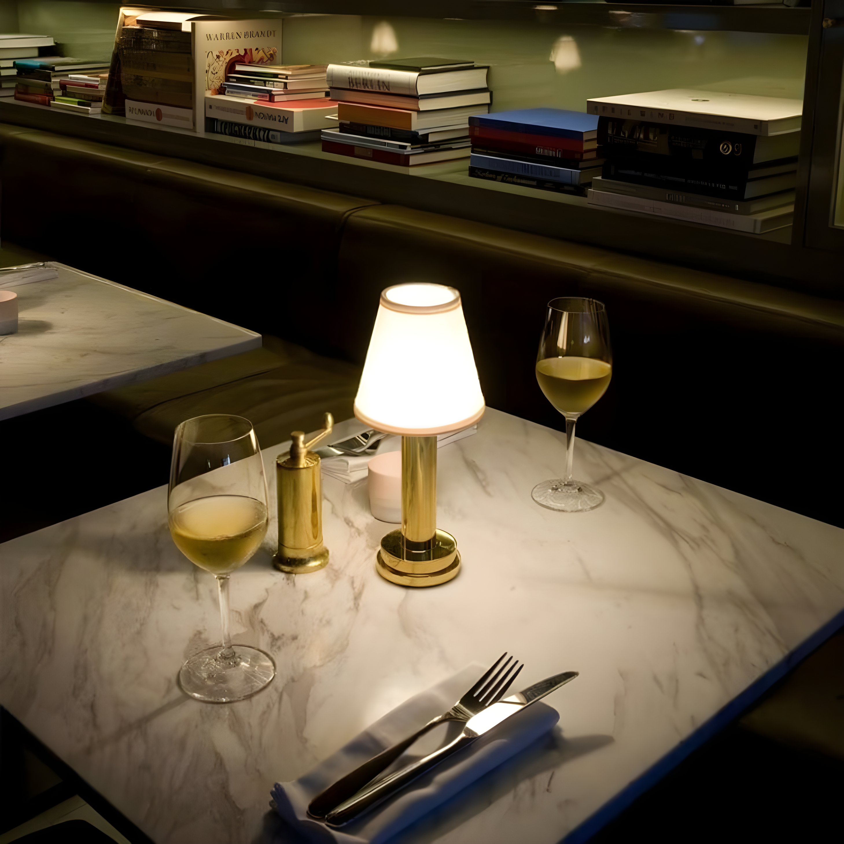 Table setting with wine glasses, lamp, and cutlery on a marble surface.