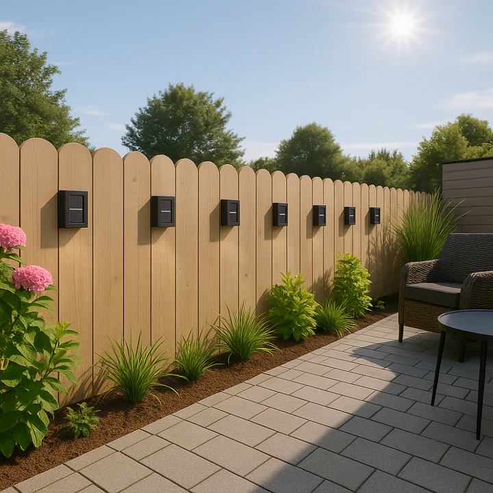 Outdoor patio area with wooden fence, plants, and outdoor furniture under a clear blue sky.