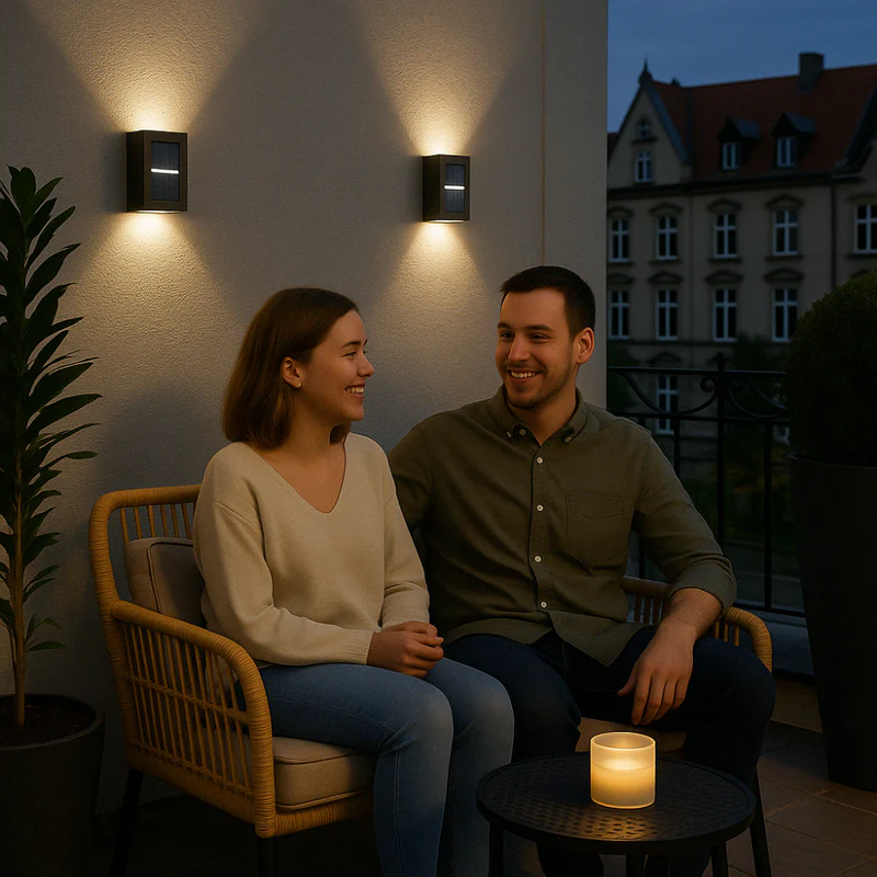 Couple sitting on a patio with wall lights and a candle