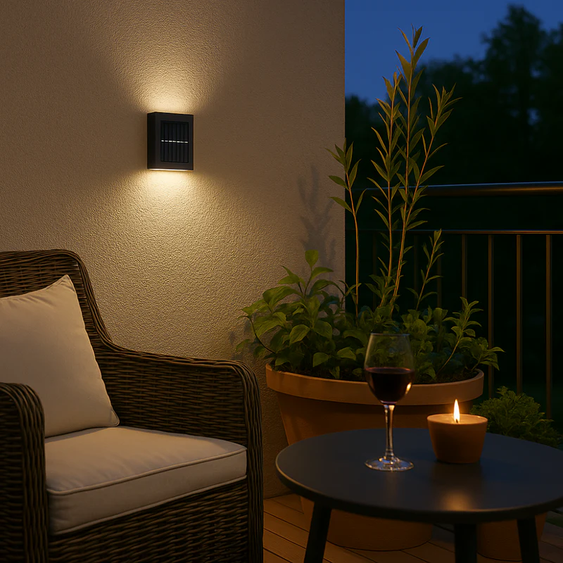 Outdoor setting with a wall light, chair, table, plant, and wine glass at night.