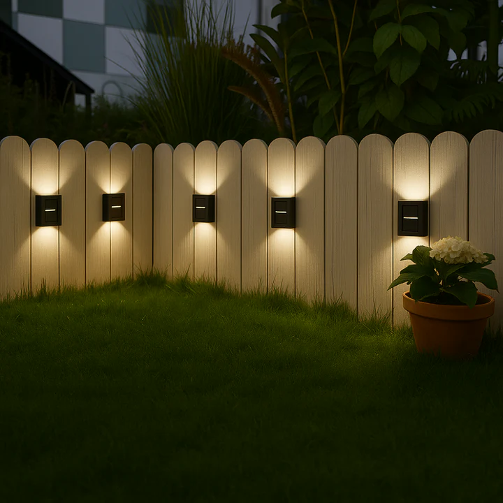Outdoor wall lights on a wooden fence with a potted plant in the foreground.