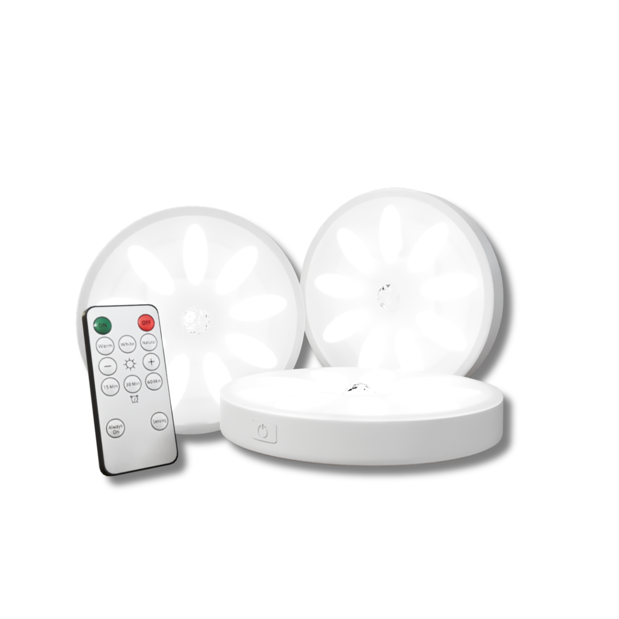 Two spherical white lights with a remote control on a white background
