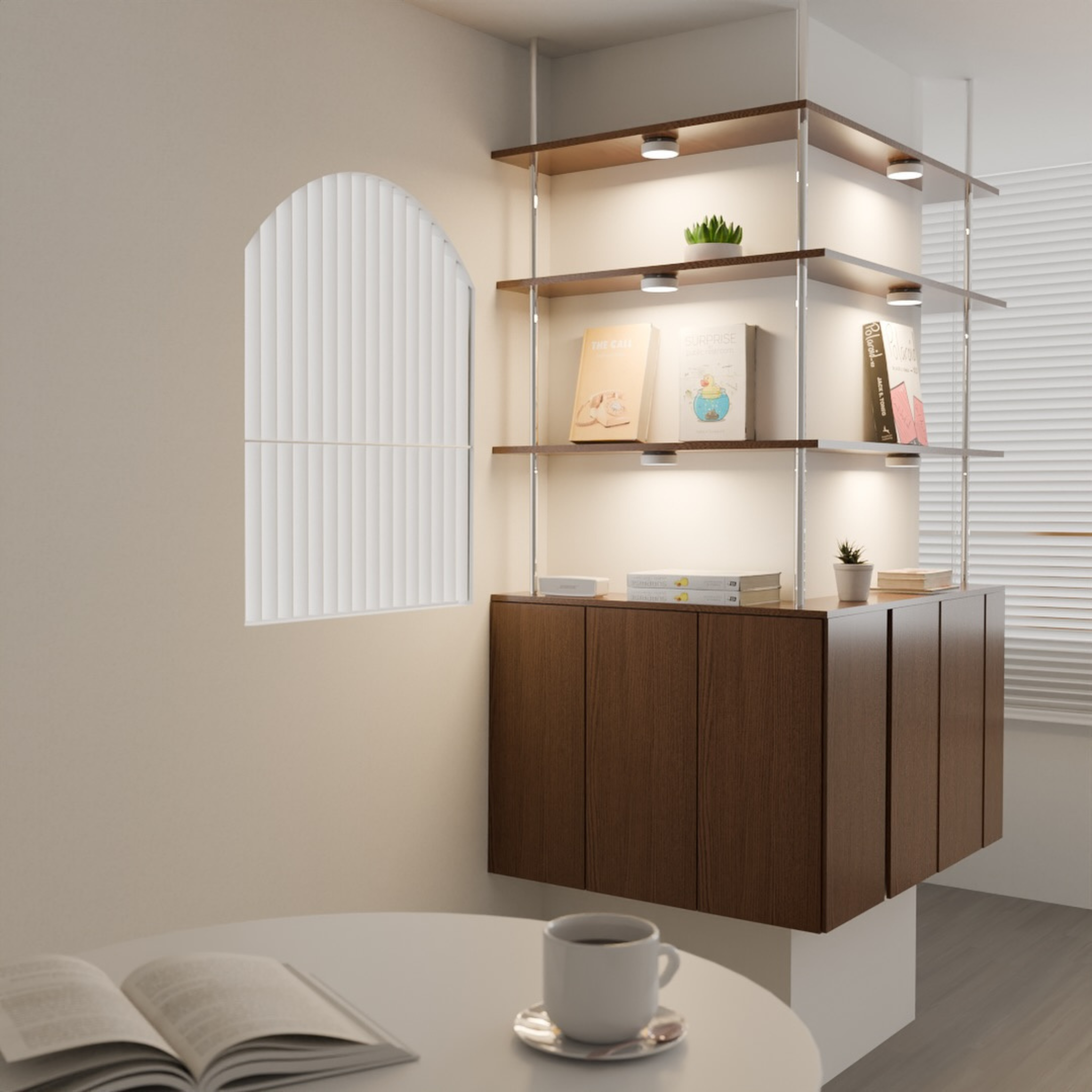 Modern interior design with a bookshelf, coffee cup, and open book on a table.