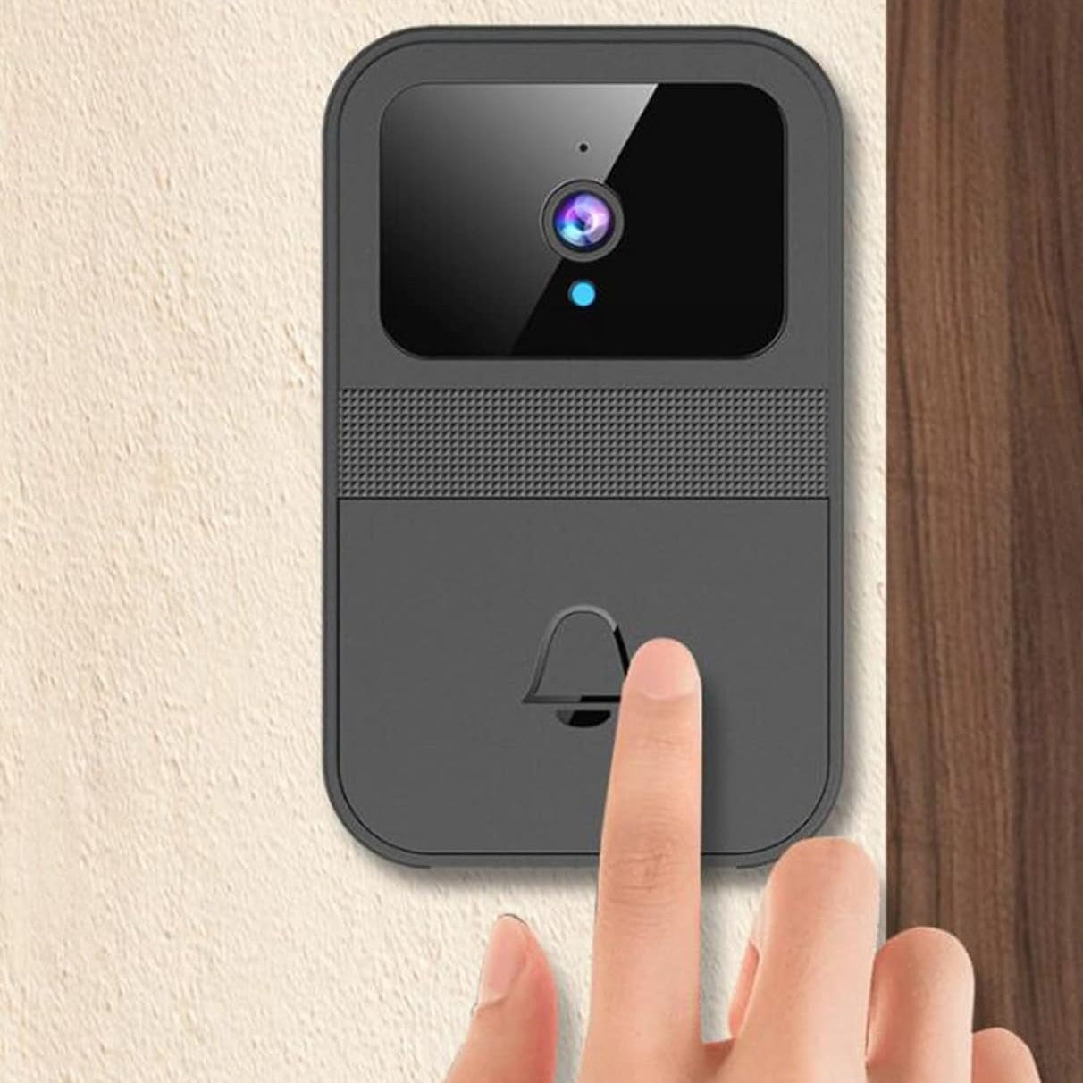 Smart doorbell with a finger pressing the button on a neutral background