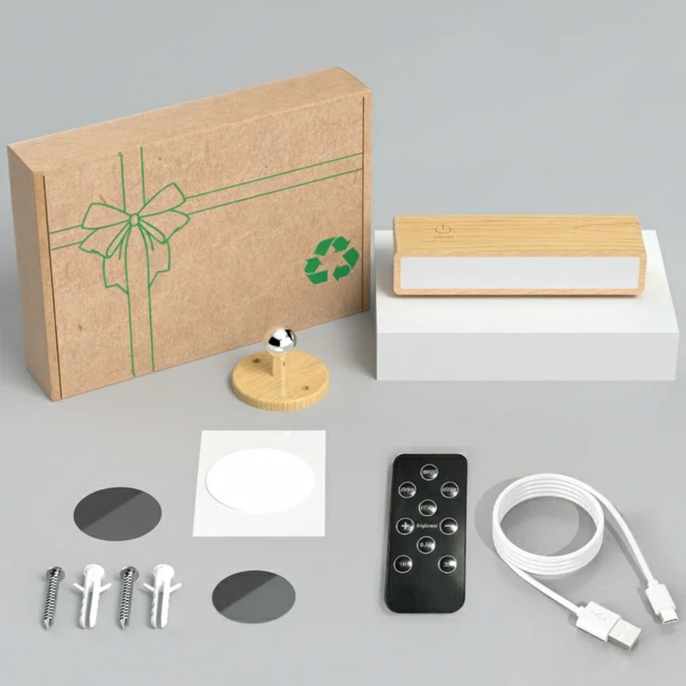 Set of items including a cardboard box, remote control, cable, and other components on a gray background