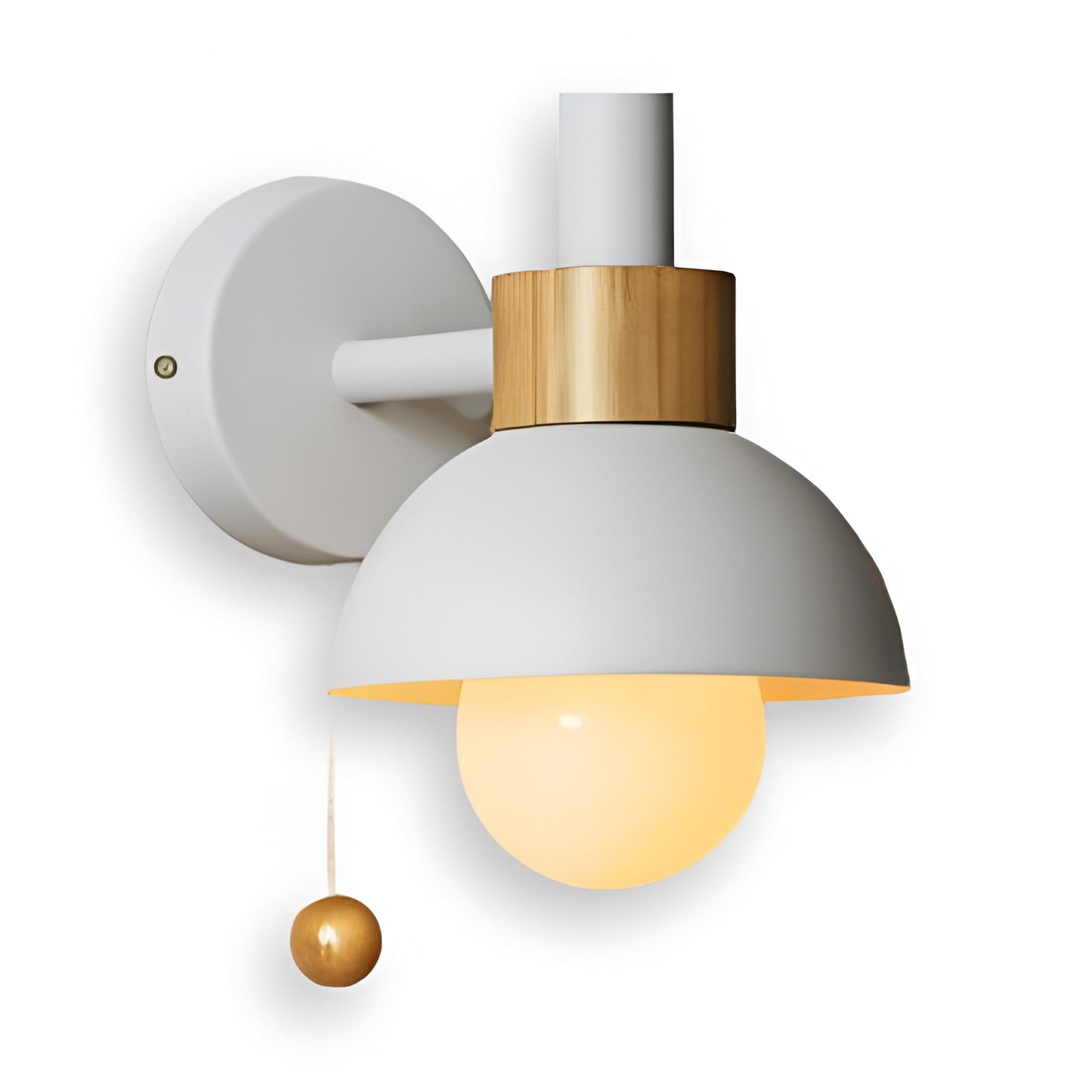 Wall-mounted light fixture with white shade and gold accents on a white background