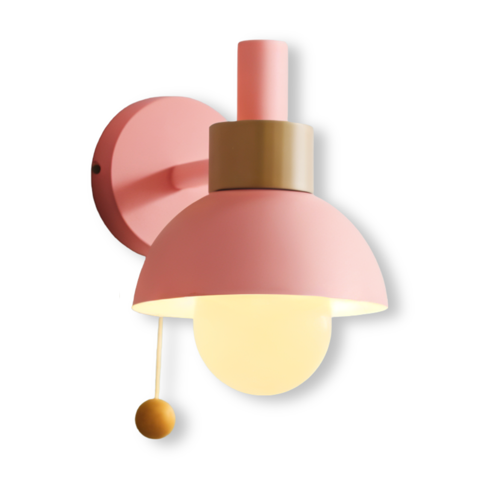 Pink wall-mounted light fixture with a yellow bulb on a white background