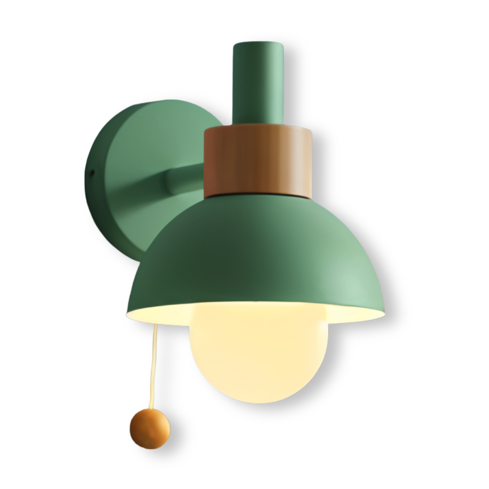 Green wall lamp with brown accents on a white background