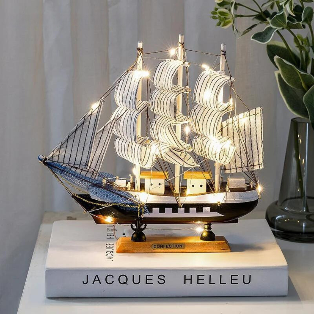Wooden Sailboat Sculpture with LED Light – Nordic Home Decor Accent for Room Decor, Battery Operated Ambient Lighting 2