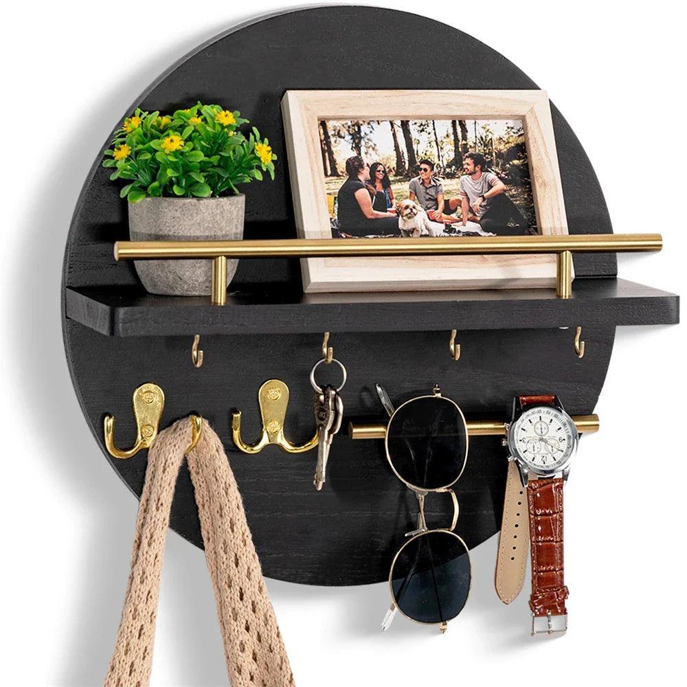 Wooden Wall Mounted Key Holder with Hooks and Shelf - Rustic Key Organiser for Entryway Storage 2