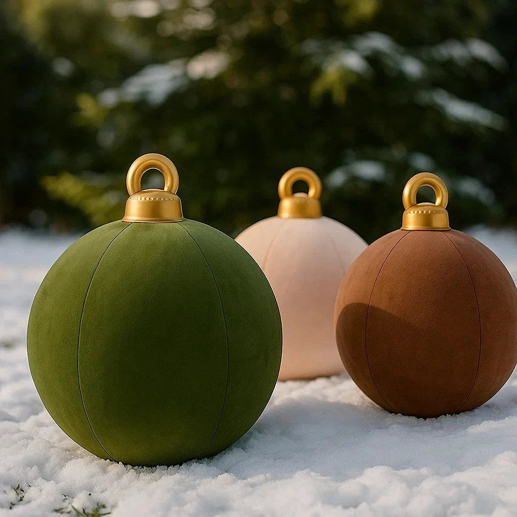 Three spherical cushions with gold handles in green, pink, and brown on a snowy surface with blurred greenery in the background.