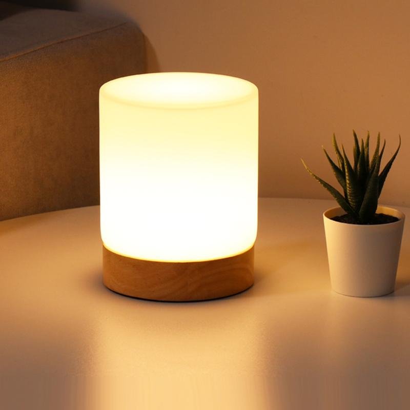 Frosted glass night light with wooden base on a surface next to a potted plant.