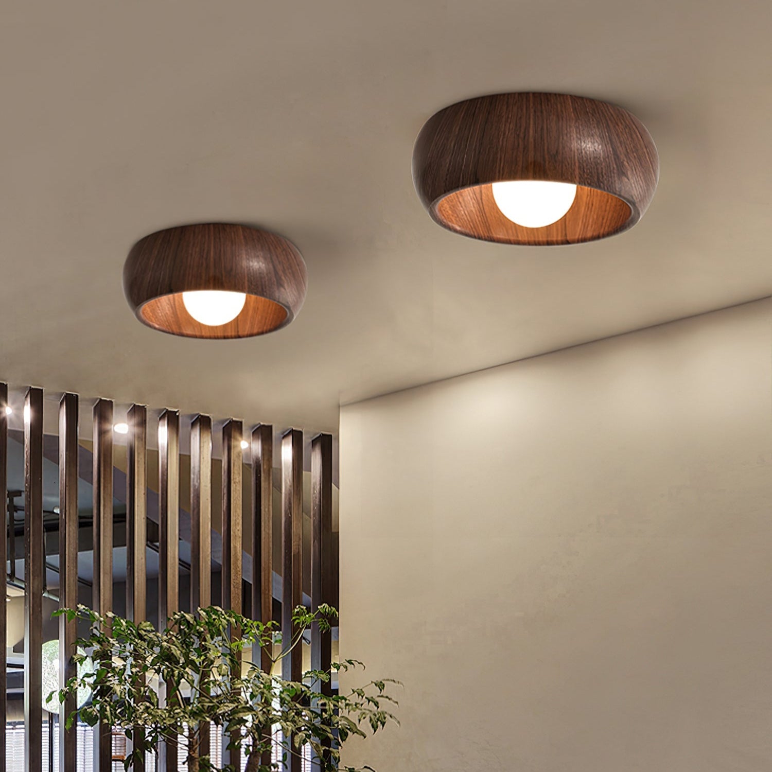 Two wooden ceiling lights on a ceiling with a plant and window in the background.