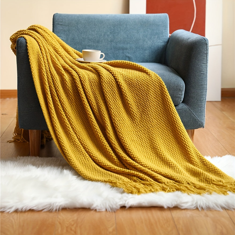 Knitted Throw Blanket with Tassels – Lightweight Bubble Texture Blanket for Sofa, Bed & Home Décor