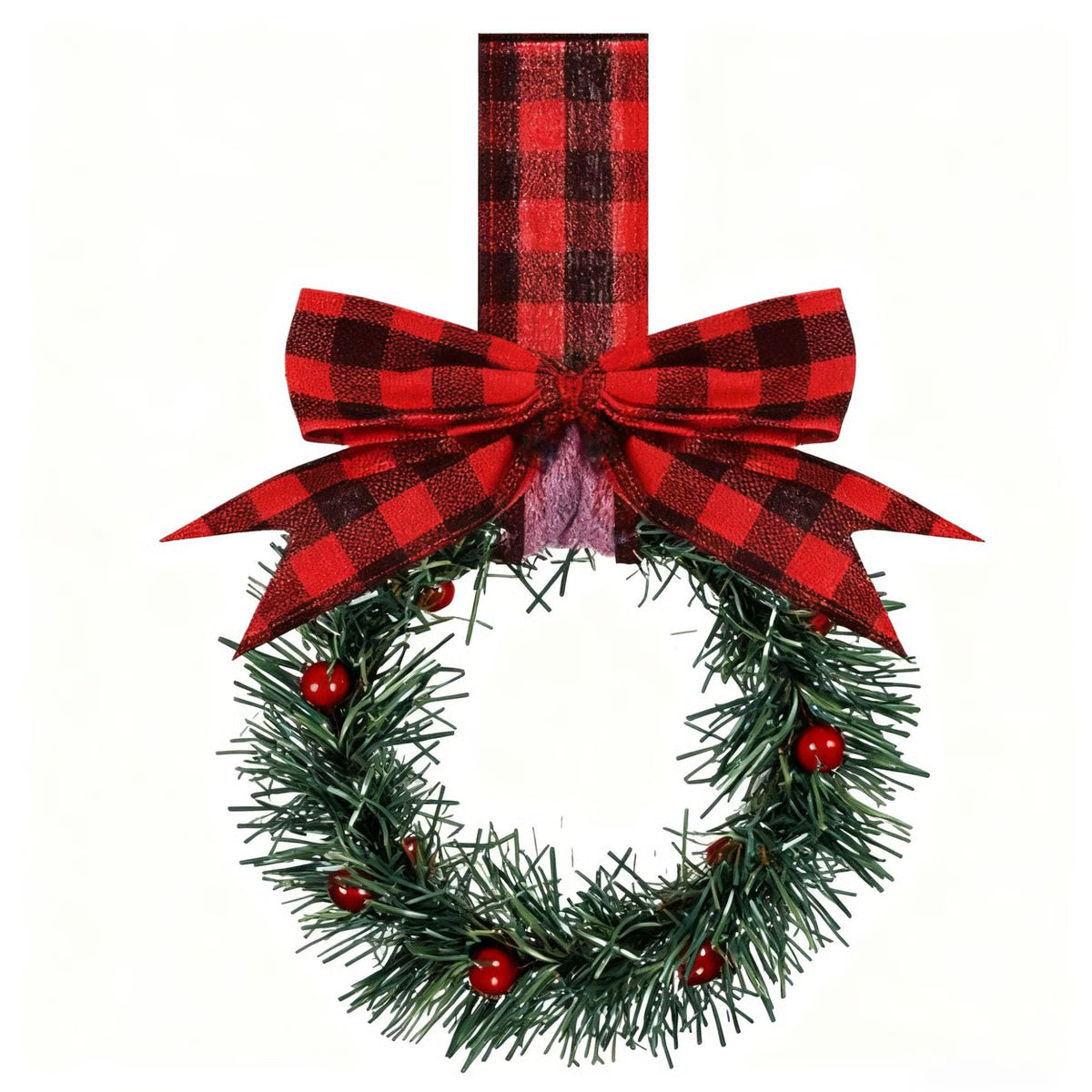 Christmas wreath with a red and black checkered bow on a white background