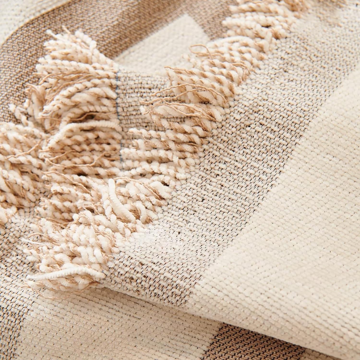Close-up of a textured beige and brown rug with tassels.