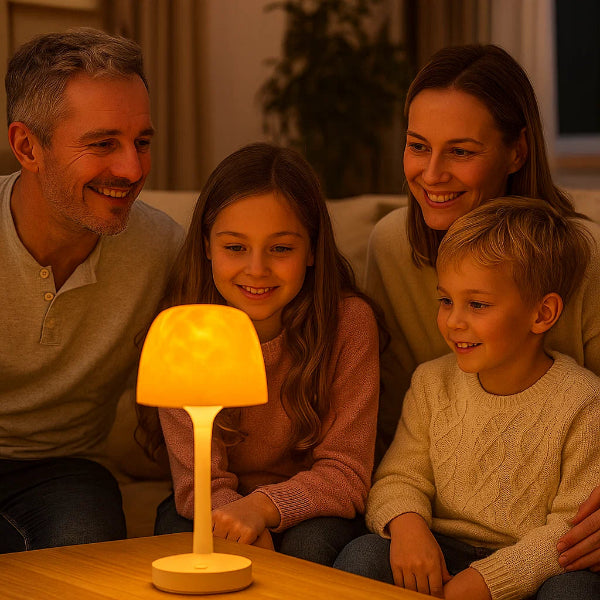 Family of four sitting together with a lamp on a table in a warm indoor setting