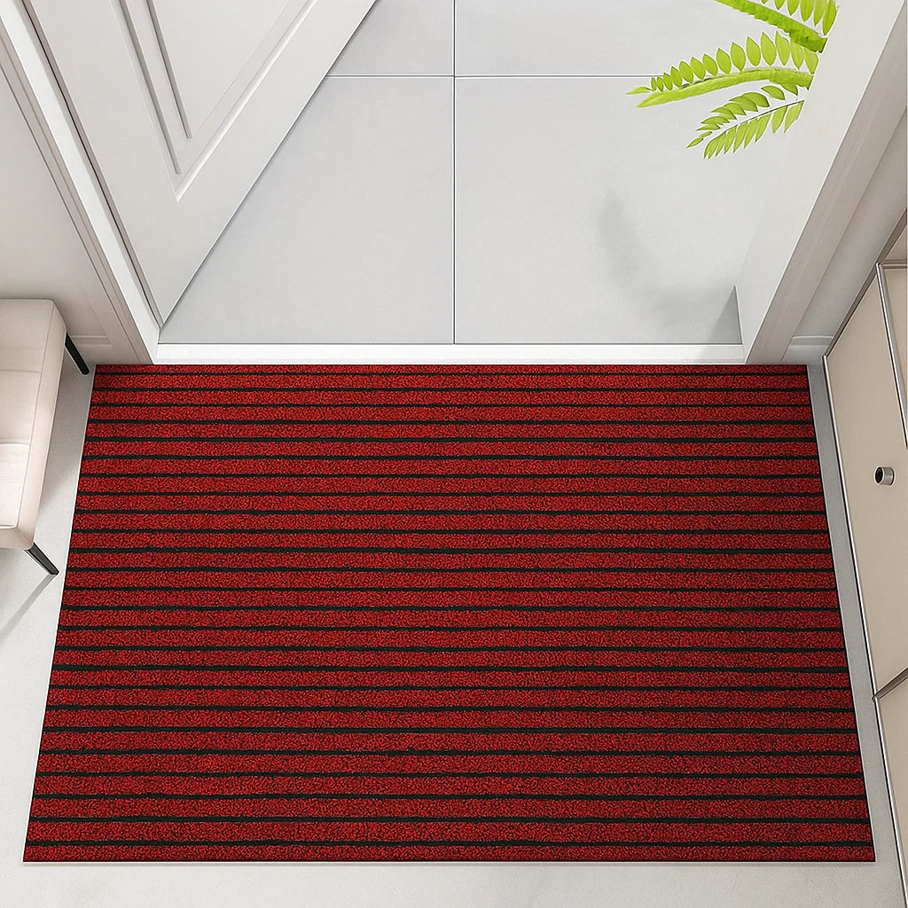 Red striped rug on a white floor with a light gray wall and green plant in the corner.