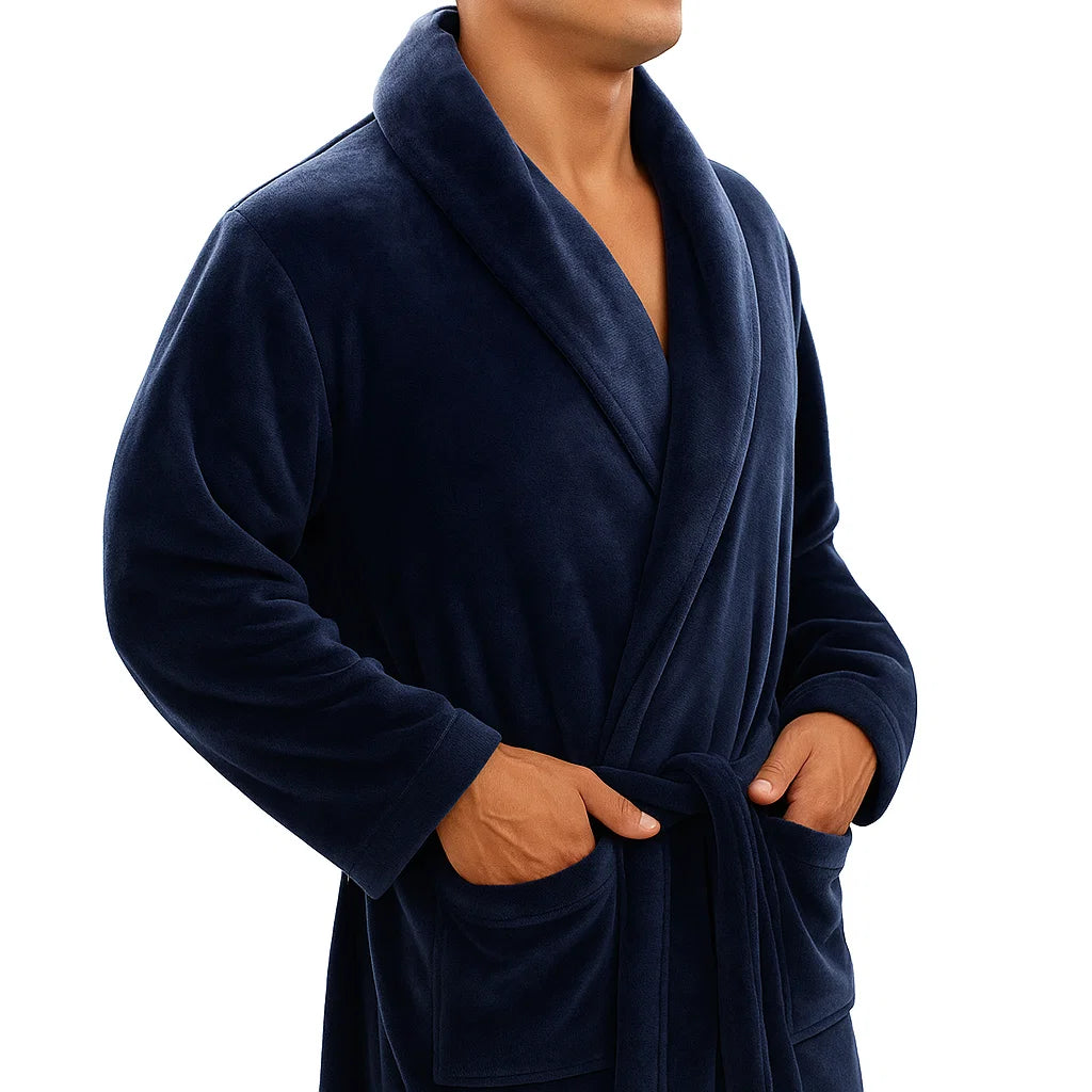 Navy blue robe worn by a person on a white background