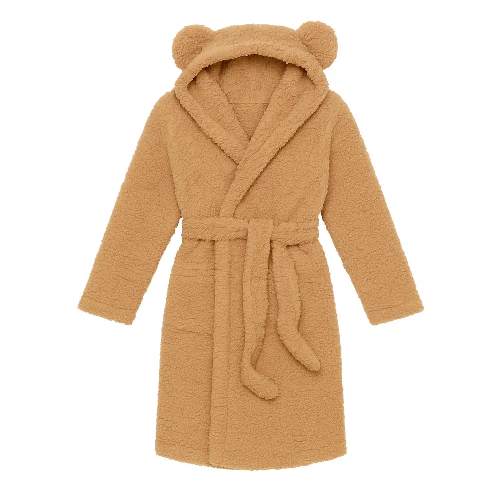 Brown plush robe with bear ears on a white background